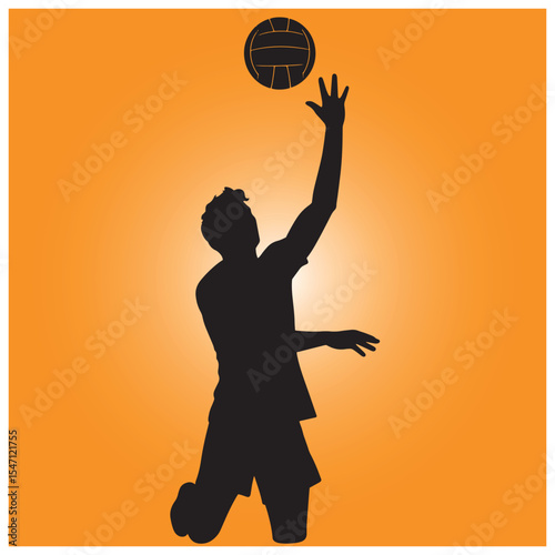 Silhouetted athlete spiking a volleyball against an orange and white background design