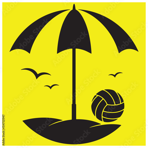Simple beach scene with umbrella volleyball and flying birds on yellow background