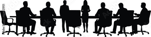 Business Meeting Silhouette Vector, Corporate Team Discussion Clipart, Office People Around Conference Table, Staff Collaboration Graphic, Professional Group Talking in Formal Workspace