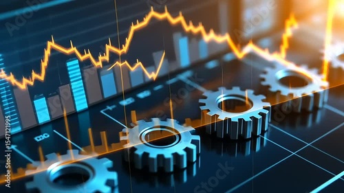 Close-up of metallic gears on a digital interface with fluctuating graphs representing data analysis