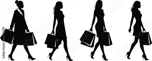 Silhouette of Fashionable Women Carrying Shopping Bags, Walking in Style, Elegant Female Shoppers, Black Vector Illustration, Shopping Concept, Urban Lifestyle, Retail, Consumer Activity