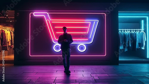 A person stands in front of a vibrant neon shopping cart sign, showcasing modern retail culture