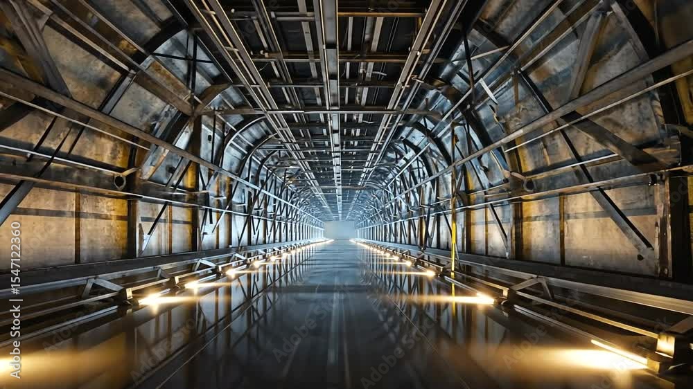 A dimly lit industrial tunnel with reflective floor and illuminated lines guiding the way