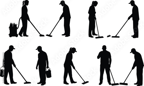Silhouettes of Professional Cleaners Working Indoors, Mopping Floors, Holding Cleaning Tools, Team Cleaning Action, Janitorial Staff, Maintenance 