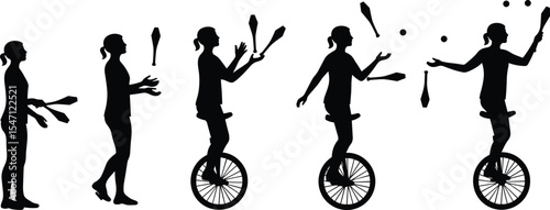 Juggling on Unicycle Silhouette Sequence, Circus Performer Balancing Act, Clown Practice, Street Artist Skills, Performing Tricks, Entertainment Act, Coordination Stunt,