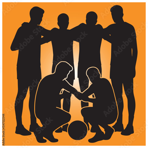 Soccer team huddle with coach and players ready for the game on an orange background