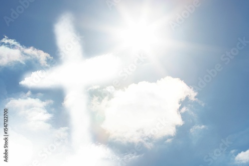 Cross-shaped cloud formation is appearing in flat design sky, with bright sun and cumulus clouds