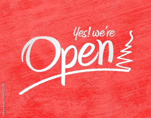 Flat design showing white hand-lettered 'Yes! we're Open' sign on red wood texture backdrop