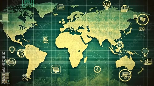 Vintage world map illustration with icons representing technology, transport, and commerce