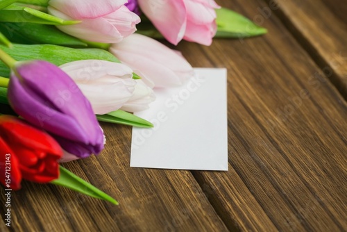 Cluster of multicolored tulips and blank white card is being shown on wood tabletop, flat design