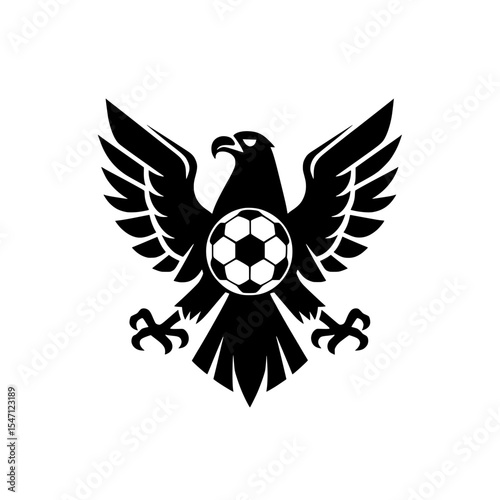 Vector illustration of a black eagle emblem or logo with a football on its chest, symbolizing strength, courage, speed, and the spirit of sportsmanship in football. 