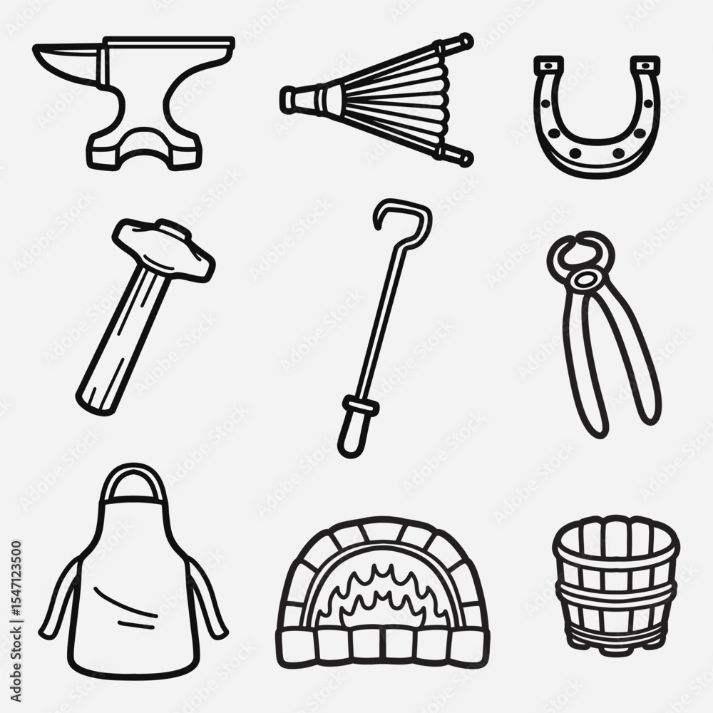 Fototapeta premium set of blacksmith equipment with outline style good for icon, symbol, element design, coloring book, coloring page, etc