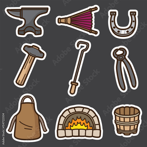 set of blacksmith equipment good for sticker, element design, icon, print design, etc