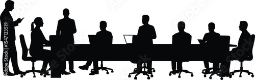 Silhouette of Business People in Conference Meeting, Team Discussion Around Boardroom Table, Corporate Office Communication, Professional Workplace Scene, Vector Illustration for Business Concepts