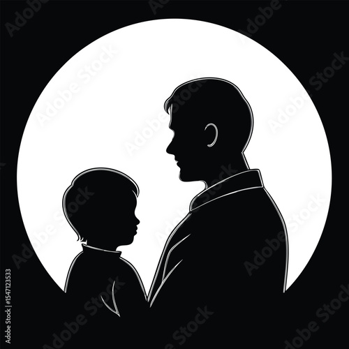 Black And White Silhouette Loving Father Gently Cradling Young Son In Circular Frame child