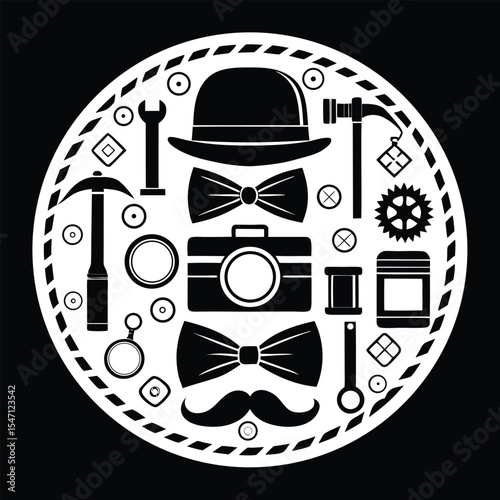 Black And White Gentlemen Accessories Collection Bowties Hat Camera Tools Mustache vector