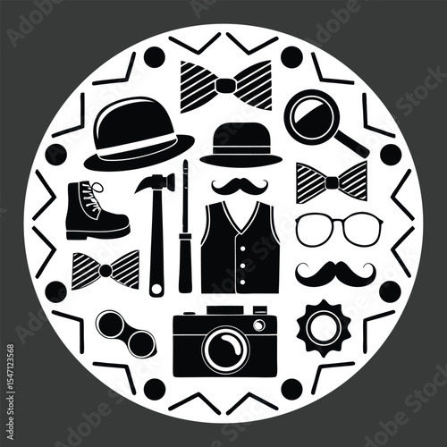 Black And White Gentlemen Accessories Collection Bowties Hats Camera Boots bowler fedora