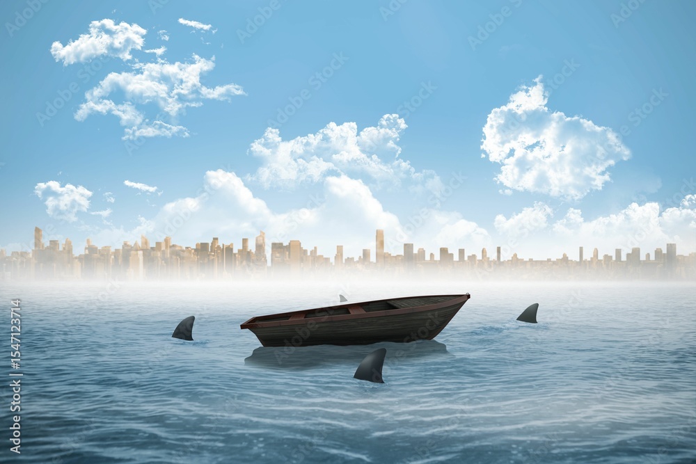 Obraz premium Sharks circling a small boat in the sea