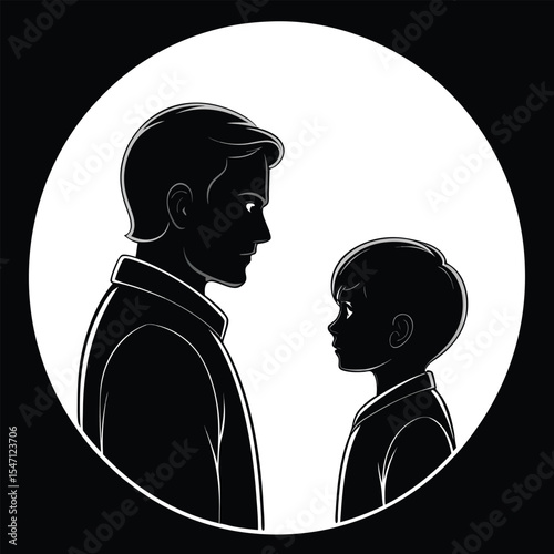 Black And White Silhouette Father Son Facing Each Other Tender Moment Circular Frame child