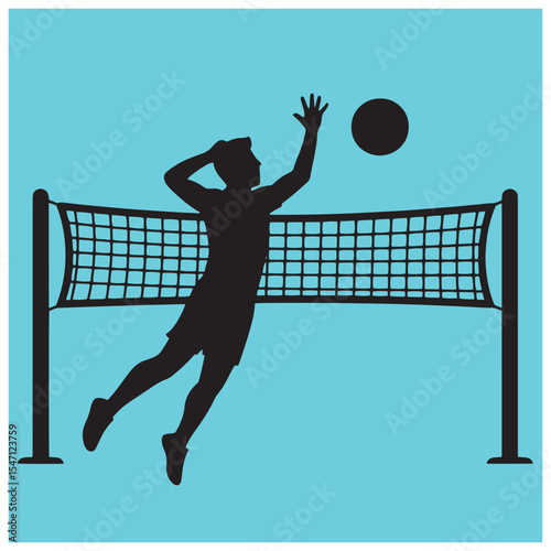 Volleyball player spiking the ball silhouette action against a light blue background