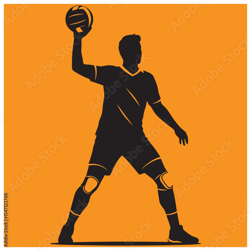 Volleyball player silhouette serving the ball against a vibrant orange background