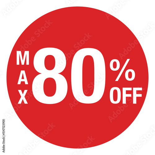 ”MAX80％OFF ”の文字入り　円形のイラスト　赤色　白文字　背景透過
