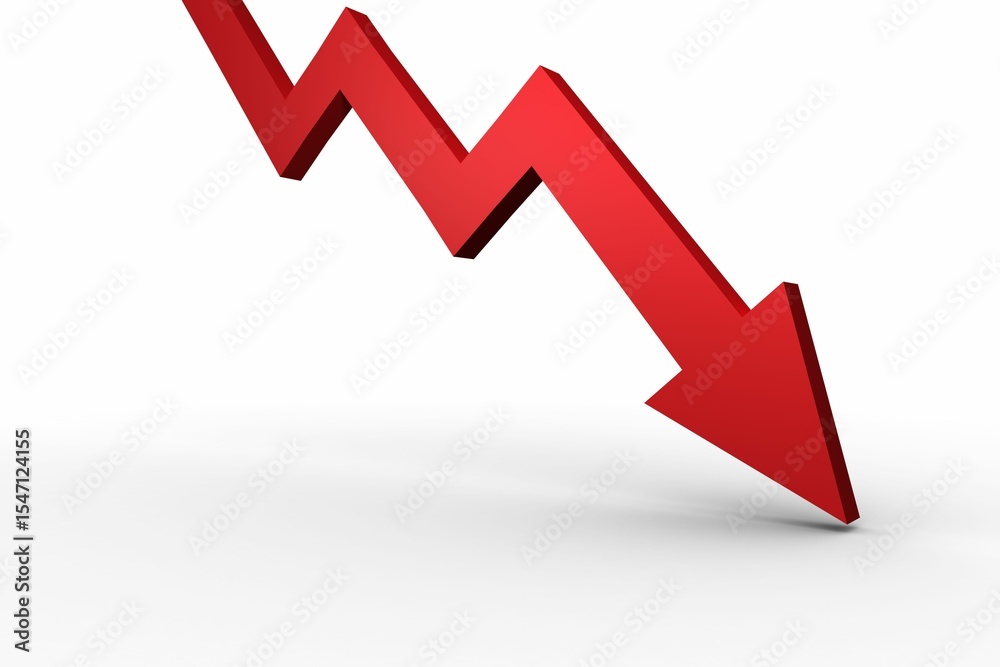 3D red zigzag arrow trending downward across white studio backdrop, casting subtle shadow 3D red zigzag arrow trending downward across white studio backdrop, casting subtle shadow