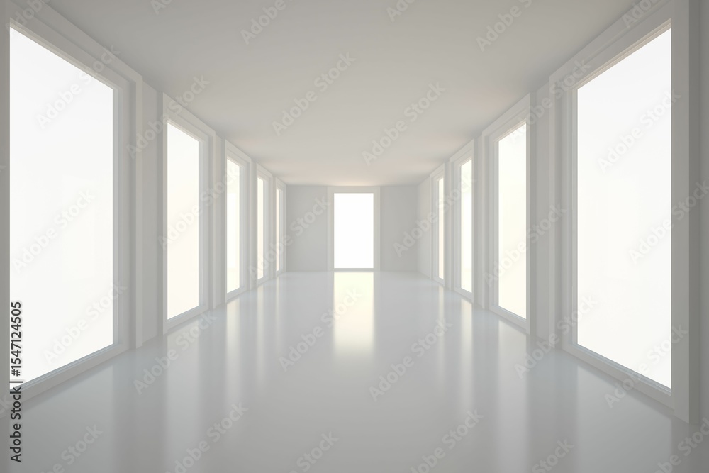 Obraz premium Flat design corridor is showcasing glossy white floor; windows are lining sides toward tall doorway