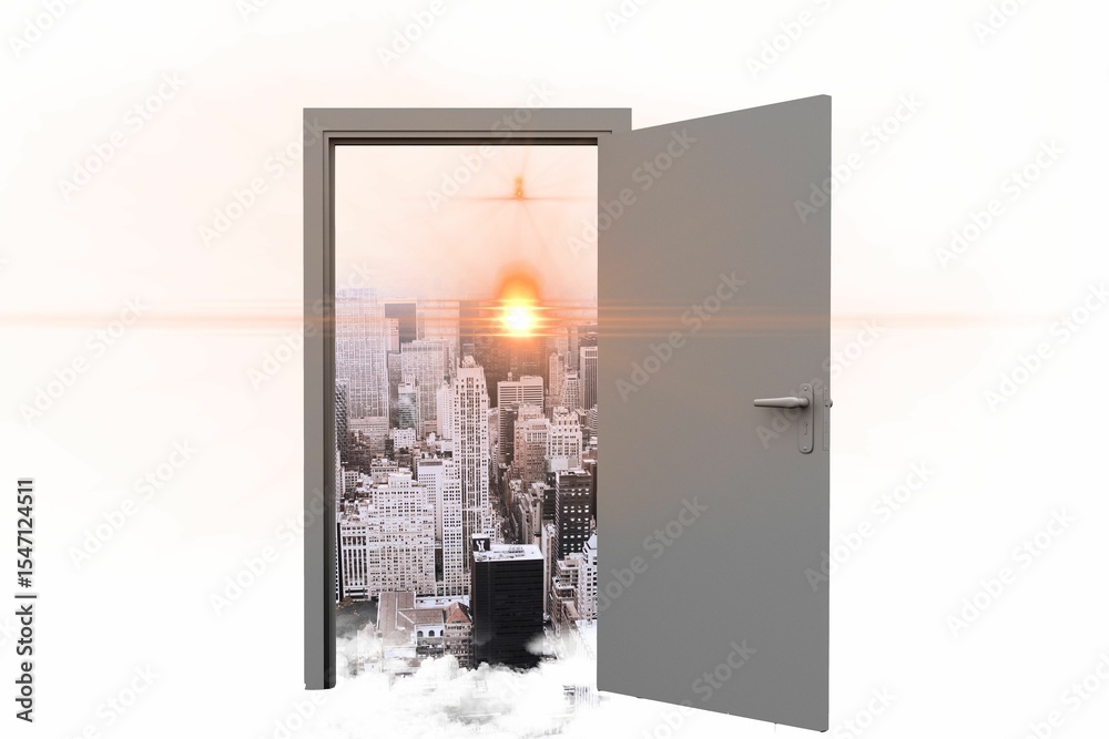 Obraz premium Open door with cityscape and sunlight