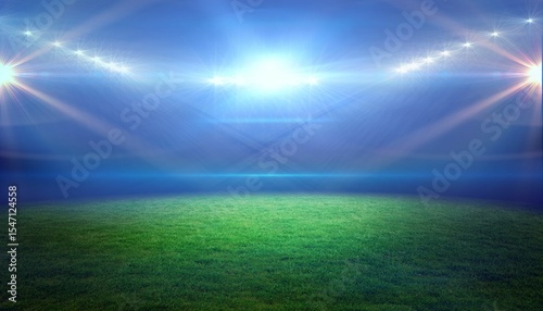 Empty grass pitch is being floodlit at night, casting blue-white beams on transparent background
