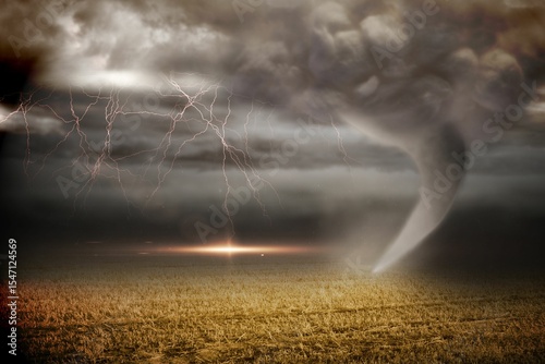 Stormy sky with tornado over field