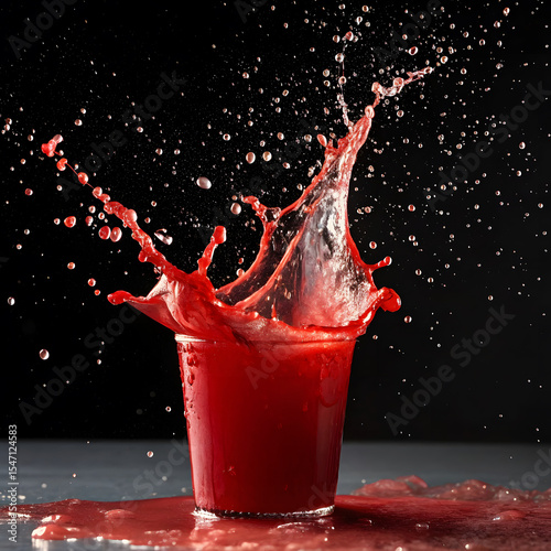 Red Juice Splash in Glass on Black Background with Dramatic Motion