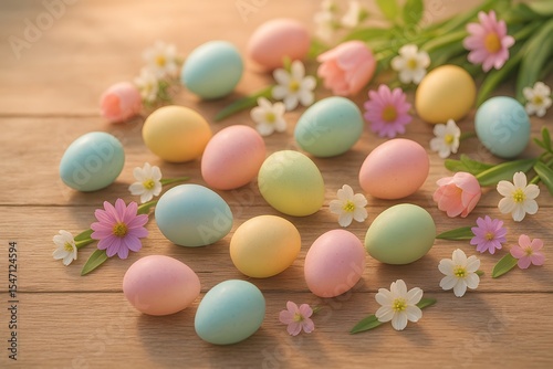 Pastel Colored Easter Eggs and Spring Flowers on Wooden Table – AI Generated