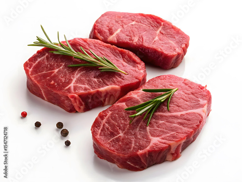 Raw Beef Steaks with Rosemary and Peppercorns on White Background
