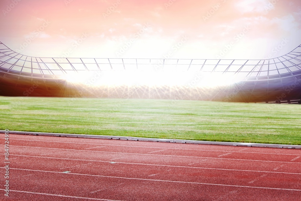 Obraz premium Red rubber running track and green field are appearing in flat design stadium under sunrise sky
