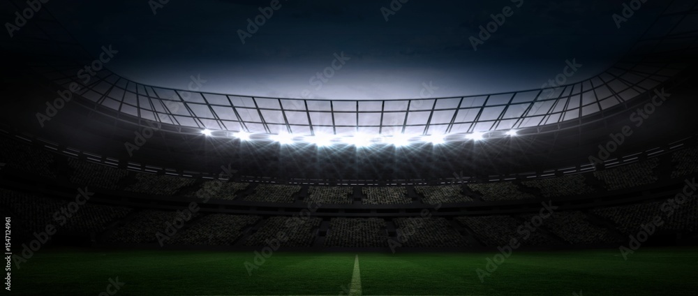 Obraz premium Flat design stadium is showing floodlit grass pitch center line under curved roof and seating tiers