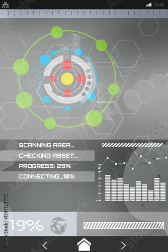 Computer graphic image of circle shape icons and graphs