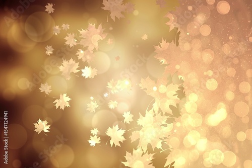 Pale gold maple leaf silhouettes are drifting in abstract design scene with circular bokeh shapes