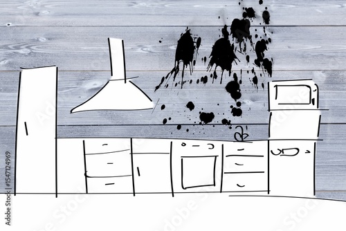 Kitchen sketch with ink splash