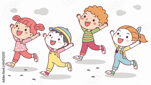 Cartoon illustration of a group of happy children playing soccer with a ball in winter, enjoying fun and friendship