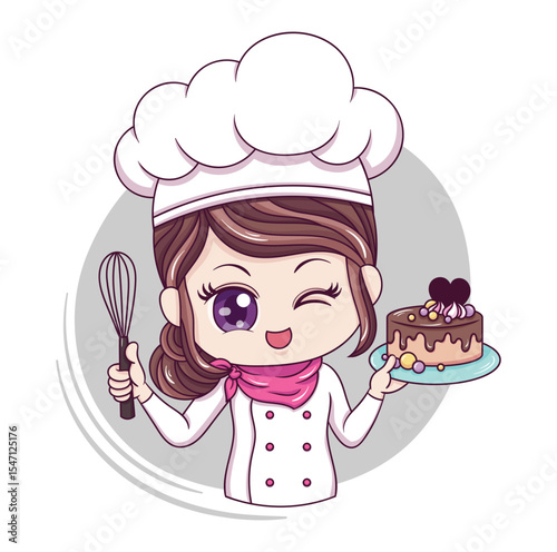 Happy cute and kawaii female chef or baker cartoon manga chibi vector character design