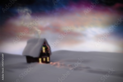 Wooden cabin is being shown in flat design under twilight sky with smoking chimney and footprints