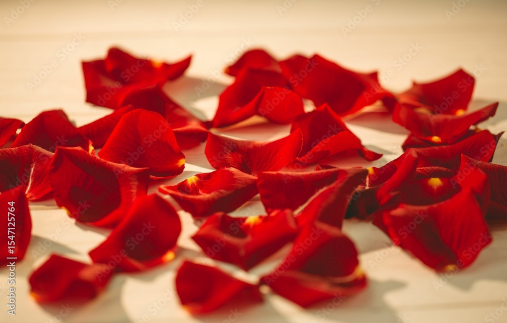Obraz premium Scattered red rose petals on table