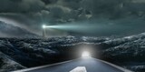 Paved road with arrow is stretching toward glowing tunnel in flat design with lighthouse beam