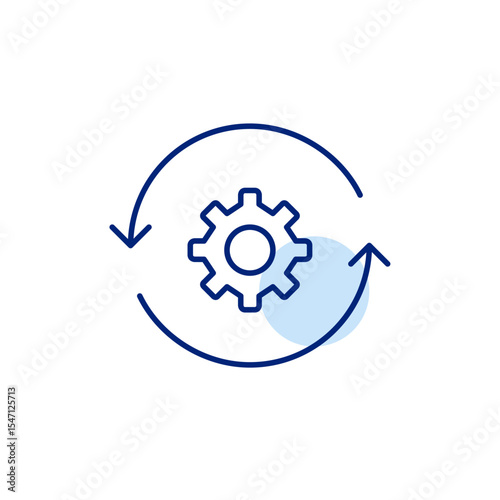 Cogwheel in refresh arrows. System update, auto-sync settings, background processing, automated maintenance, software refresh configuration. Pixel perfect, editable stroke vector icon