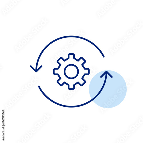 Cogwheel in refresh arrows. System update, automated maintenance, background processing, configuration sync, settings refresh. Pixel perfect, editable stroke vector icon