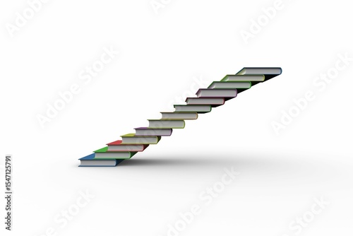 Hardcover book staircase is floating, ascending on white background in minimalist style, copy space