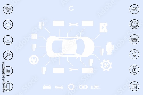 White car schematic is being shown in flat dashboard interface with component callouts and UI icons