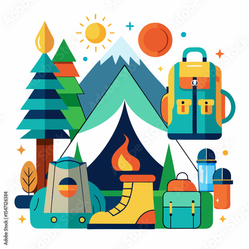 Vibrant Camping Scene Featuring Mountains Trees Tent Backpacks and Hiking Boots Ideal for Outdoor Branding and Adventure Logos