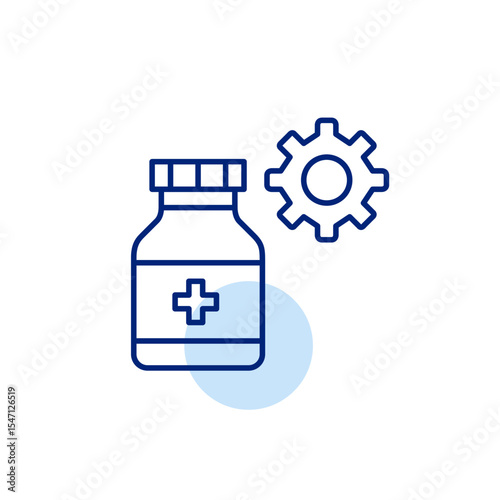 Medication bottle and cogwheel. Medical system settings, healthcare management, diagnostic tool configuration, clinical workflow control, patient monitoring setup. Pixel perfect, editable stroke vecto